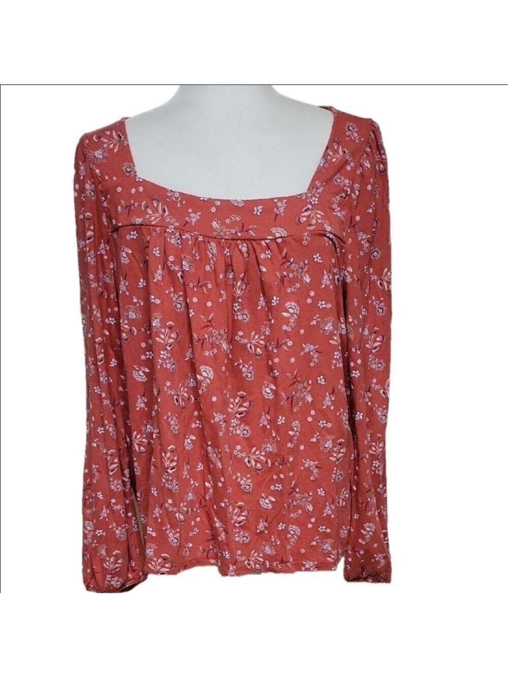 Lucky Brand Salmon Smocked Blouse XL Long Sleeve Square Neck